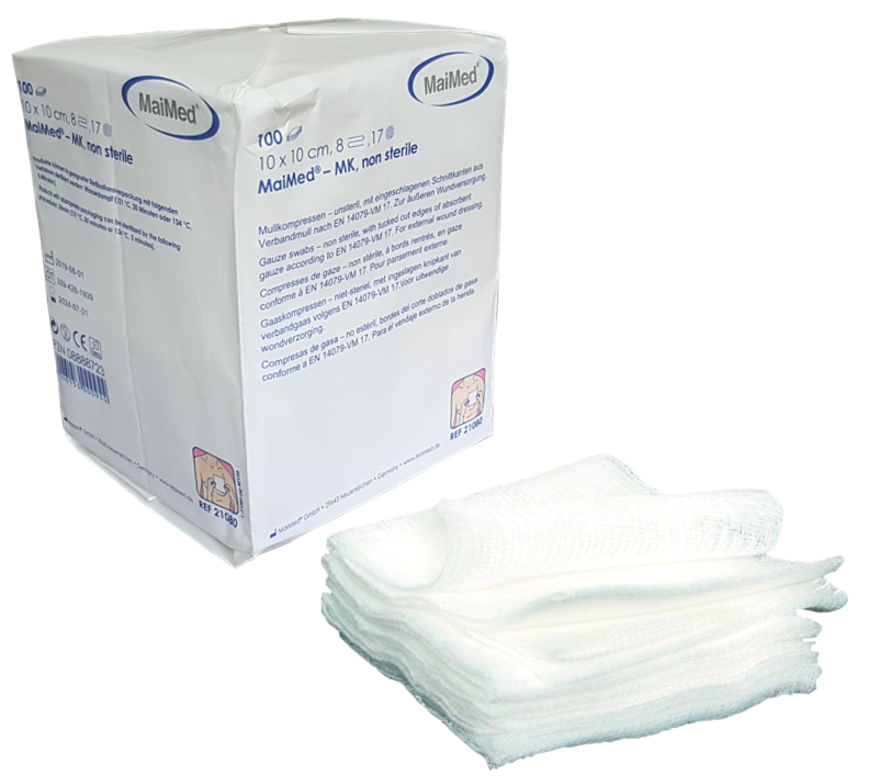 Kompresy z gazy niejałowe 8 warstw 17 nitek 10 cm x 10 cm 100 sztuk MK Maimed