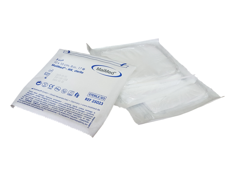 Kompresy jałowe z gazy 10 cm x 10 cm 8 warstw 17 nitek 1 x 3 sztuki MK Maimed