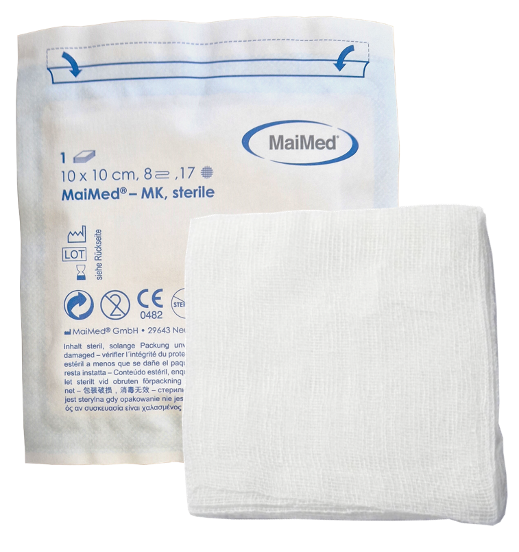 Kompres jałowy z gazy 10 cm x 10 cm 8 warstw 17 nitek 1 sztuka MK Maimed
