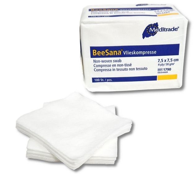 Kompresy włókninowe niejałowe niemieckie 7,5x7,5 cm 4 warstwy 100 sztuk BSV Meditrade