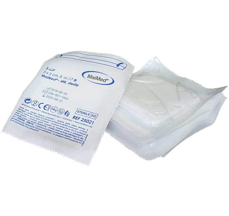 Kompresy jałowe z gazy 5 cm x 5 cm 8 warstw 17 nitek 1 x 3 sztuki MK Maimed