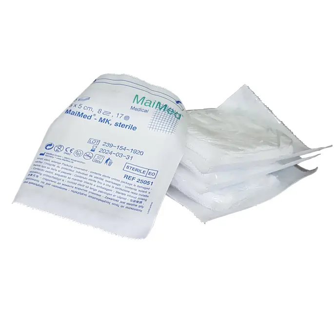 Kompresy jałowe z gazy 5 cm x 5 cm 8 warstw 17 nitek 1 x 5 sztuk MK Maimed